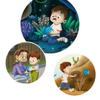 Drei detailreiche Illustrationen aus einem Kinderbuch zeigen einen Jungen mit blauem Ball in verschiedenen Spielsituationen und emotionalem Ausdruck.