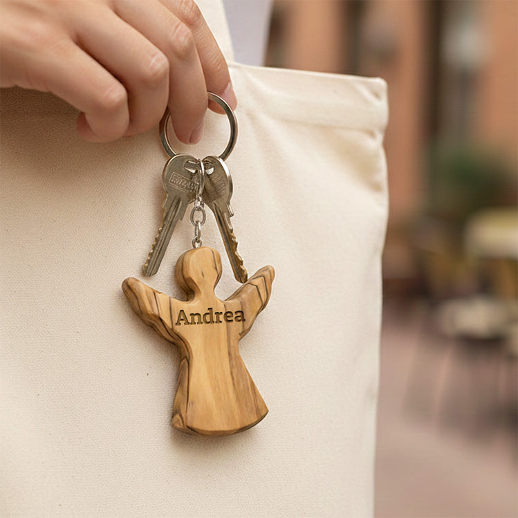 Olivenholz ENGEL mit Gravur | Schutzengel Schlüsselanhänger