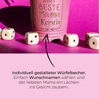 Rosa Leder-Würfelbecher mit individueller Lasergravur, inklusive fünf Würfeln, als persönliches Geschenk für besondere Mütter.