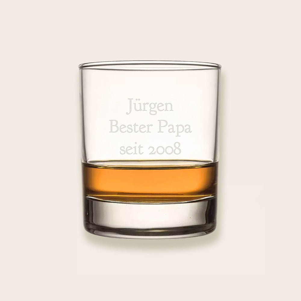 Klare Glas-Whiskyglas mit individueller Lasergravur, persönliches Geschenk für Genießer und besondere Anlässe wie Geburtstage oder Jubiläen. Perfekt für den Vatertag.