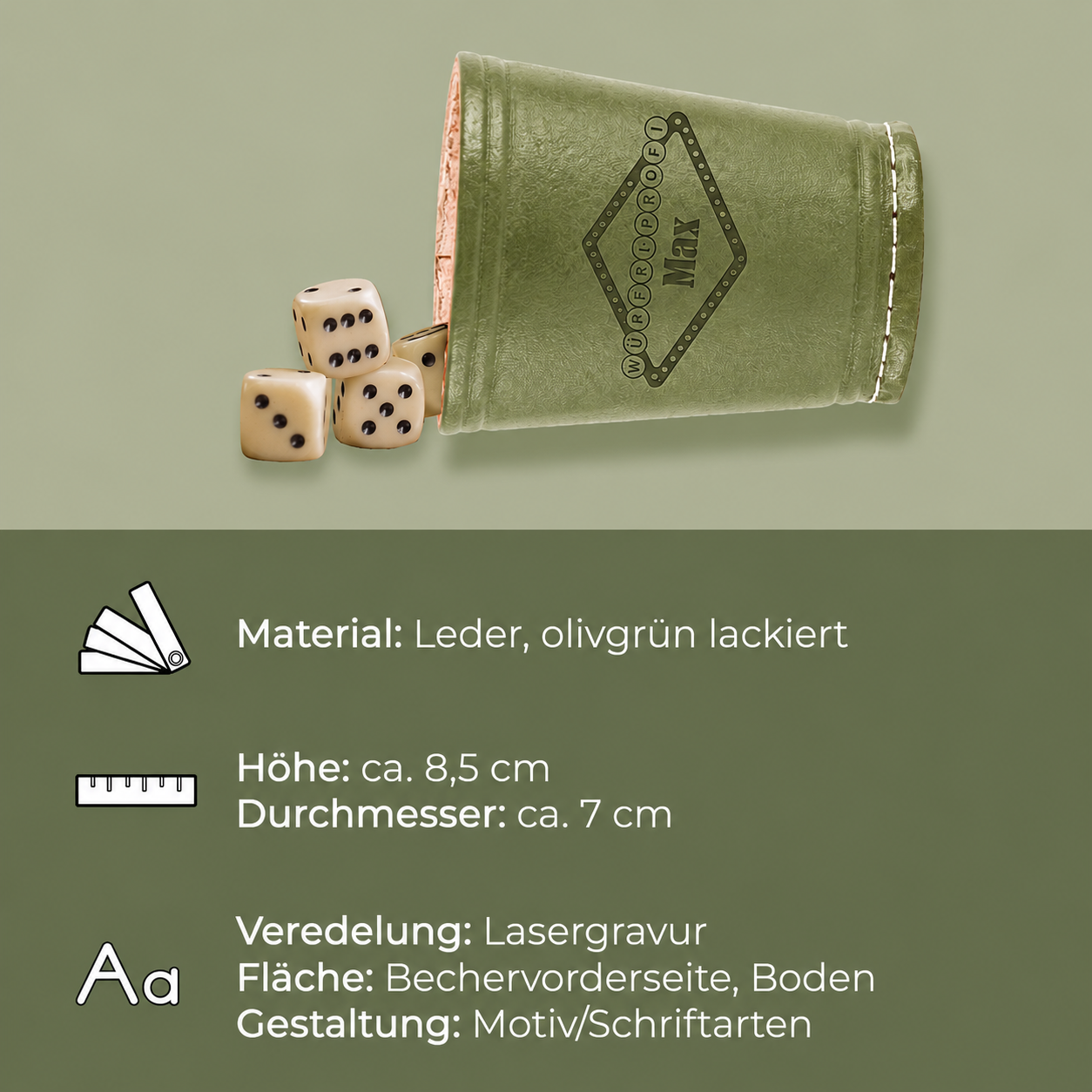 Würfelbecher Olivegruen - Inkl. 5 Würfel | Wunsch-Gravur mit Name & Motiv