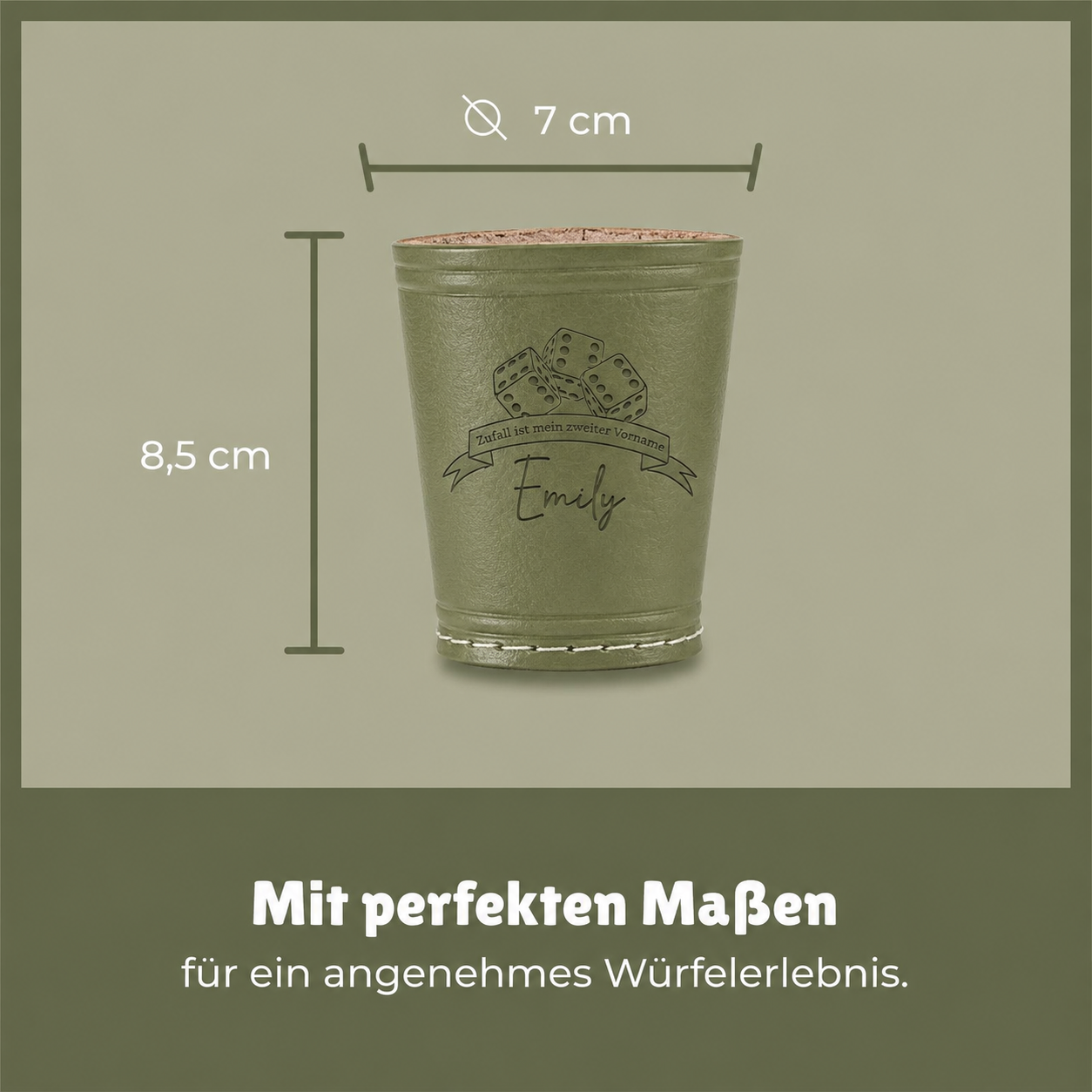 Würfelbecher Olivegruen - Inkl. 5 Würfel | Wunsch-Gravur mit Name & Motiv