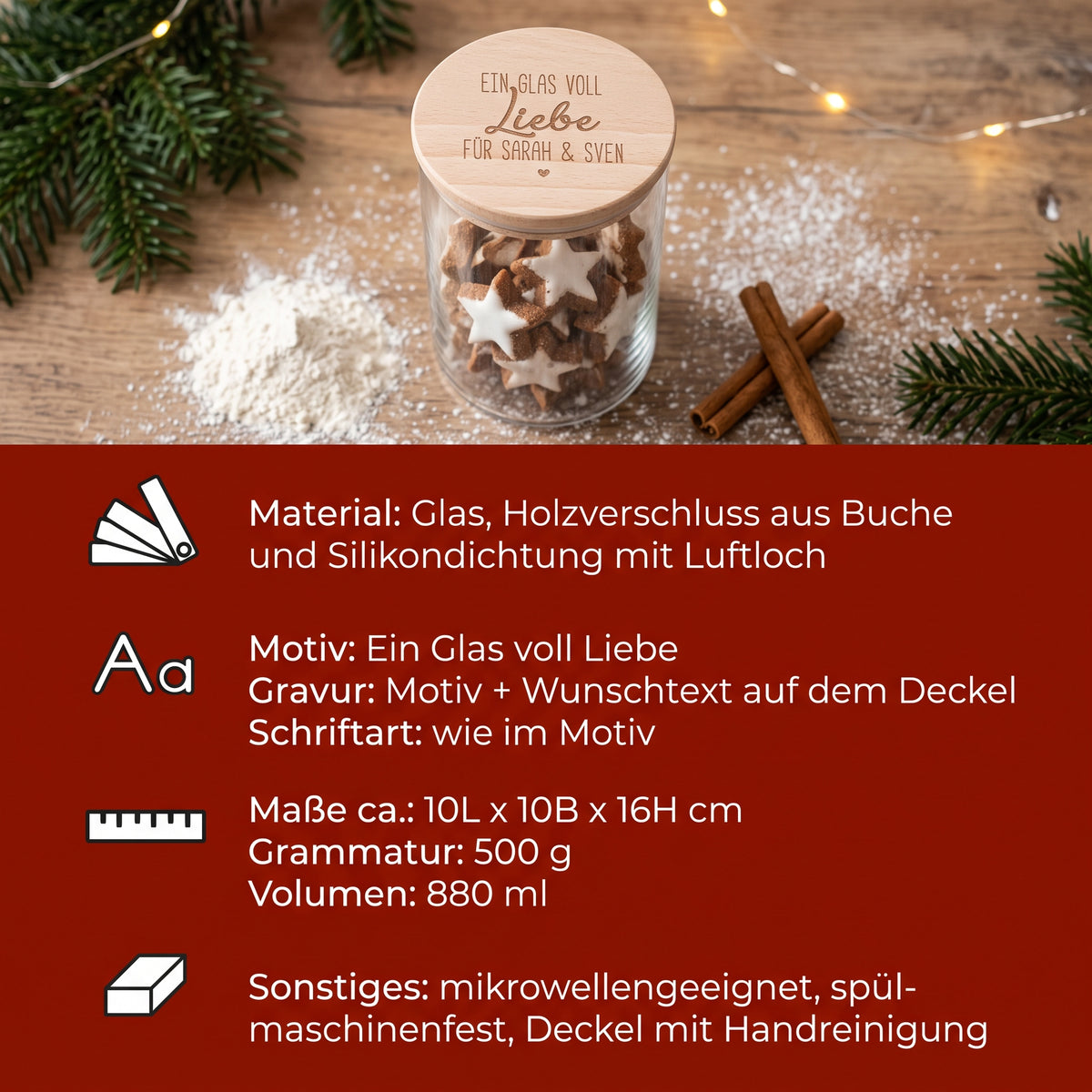 Personalisierte Keksglas mit Gravur | Weihnachtsgeschenk Holzdeckel