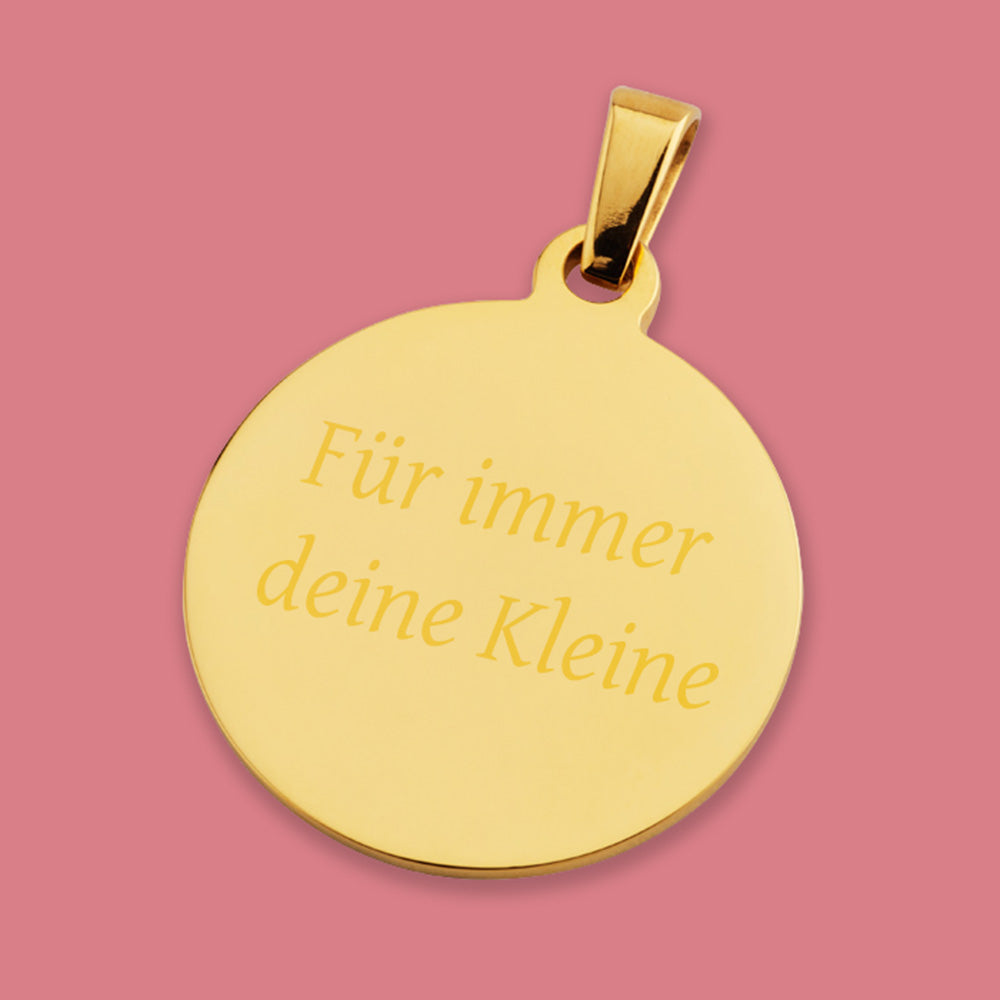 Runder Anhänger aus vergoldetem Chirurgenstahl mit individueller Lasergravur, persönliche Geschenkidee zum Muttertag.