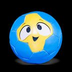 Blauer Knautschball aus Kunststoff mit gelbem lachenden Gesicht, ideales personalisiertes Geschenk für Kinder und Spielbegeisterte.