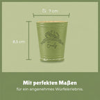 Olivegrüner personalisierter Würfelbecher, mit Motiv und verschiedenen Personalisierungsmöglichkeiten und Maßen