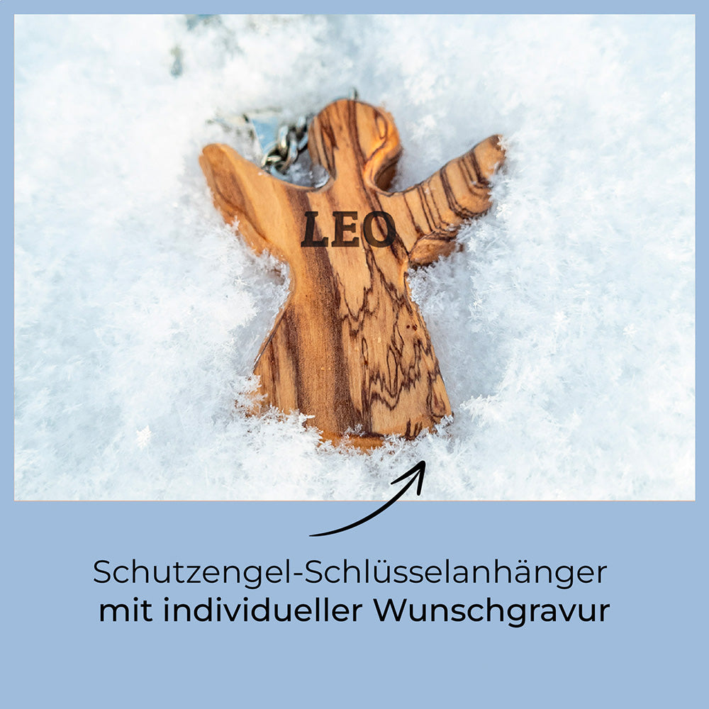 Schutzengel Schlüsselanhänger aus Olivenholz mit Gravur | Weihnachtsgeschenk