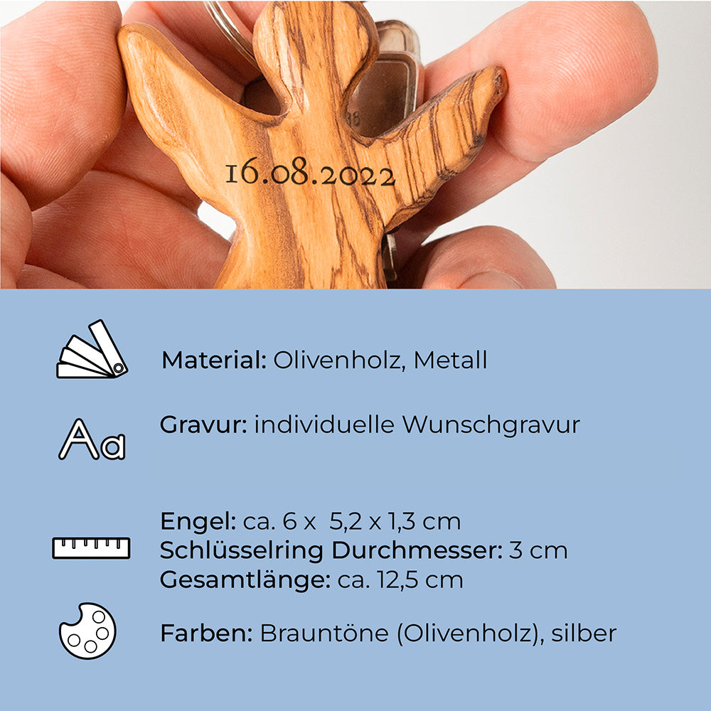 Schutzengel Schlüsselanhänger aus Olivenholz mit Gravur | Weihnachtsgeschenk