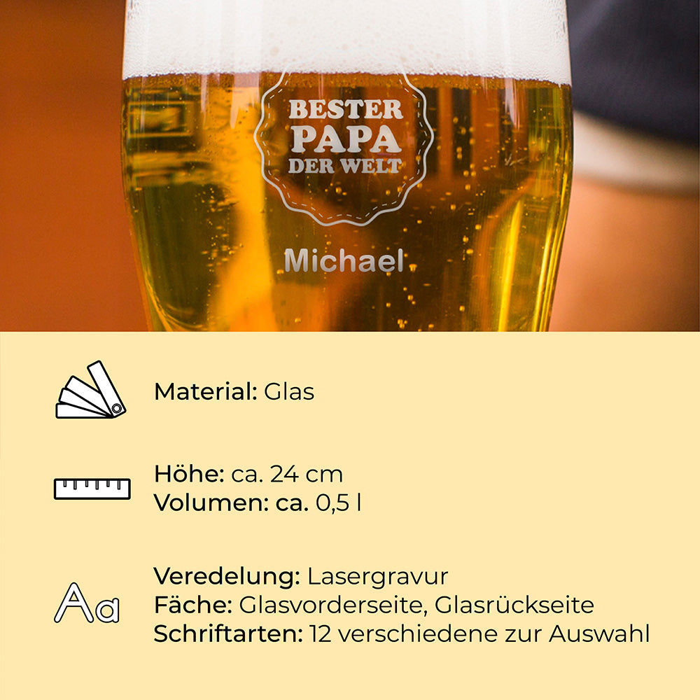 Klares Weizenbierglas aus Glas mit individueller Lasergravur, ca. 24 cm hoch, persönliches Geschenk für Bierliebhaber und besondere Anlässe.