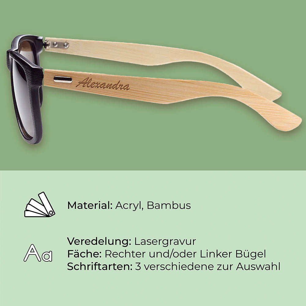 Schwarze Sonnenbrille mit Bambus-Bügeln und individueller Lasergravur, stilvolles Geschenk für personalisierte Accessoires.