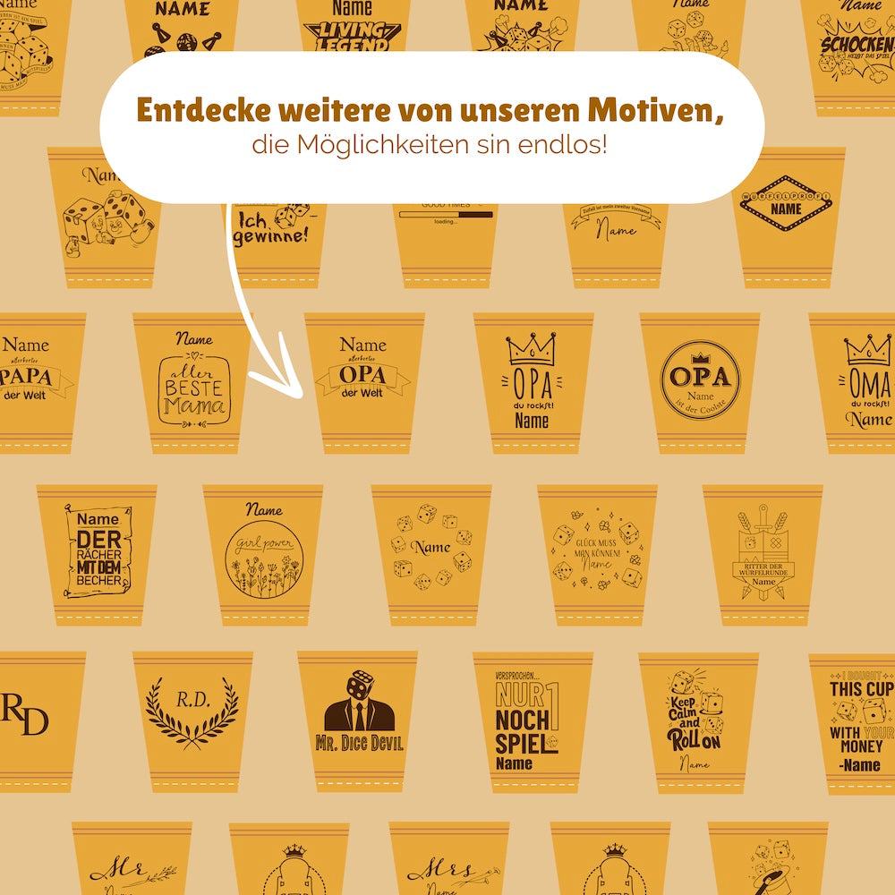 Würfelbecher Kurkuma - Inkl. 5 Würfel | Wunsch-Gravur mit Name & Motiv