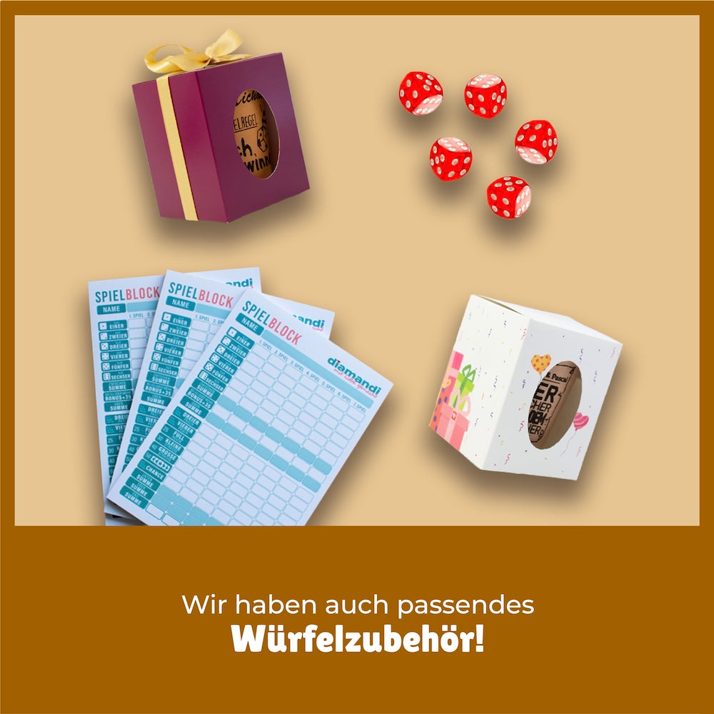 Gelber lackierter Leder-Würfelbecher mit individueller Lasergravur, inklusive fünf roter Würfel und Würfelblock, perfekt als personalisiertes Geschenk.
