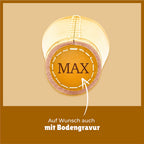 Gelber, lackierter Leder-Würfelbecher mit individueller Lasergravur inklusive Namensgravur am Boden, perfekt als persönliches Geschenk.