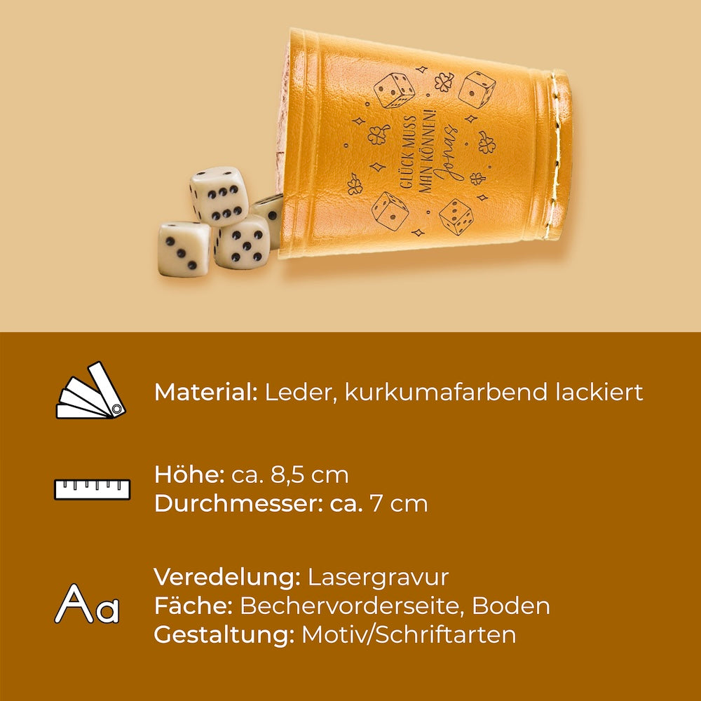 Würfelbecher Kurkuma - Inkl. 5 Würfel | Wunsch-Gravur mit Name & Motiv