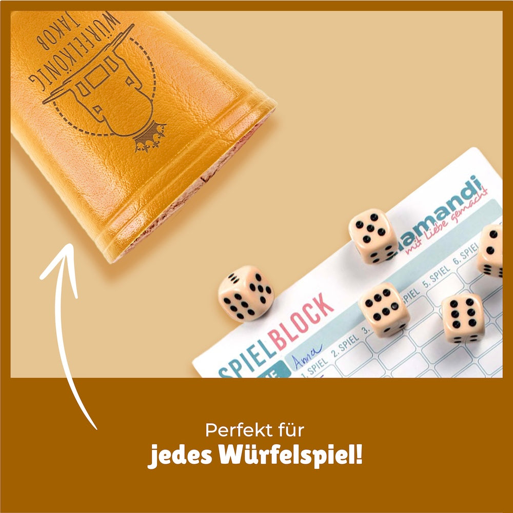 Würfelbecher aus lackiertem Kurkuma-Leder mit Lasergravur, inklusive fünf Würfeln und personalisierbarer Gestaltung als Geschenk.