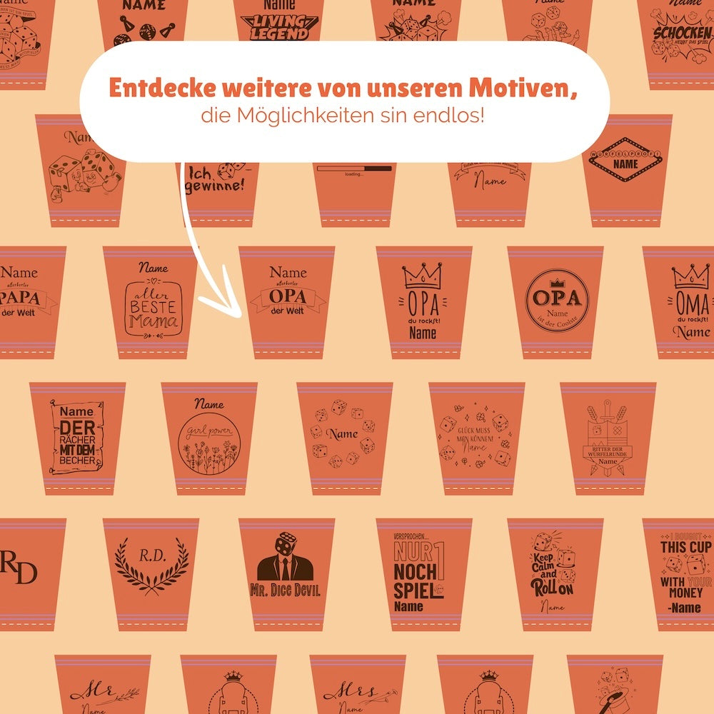 Würfelbecher Orange - Inkl. 5 Würfel | Wunsch-Gravur mit Name & Motiv