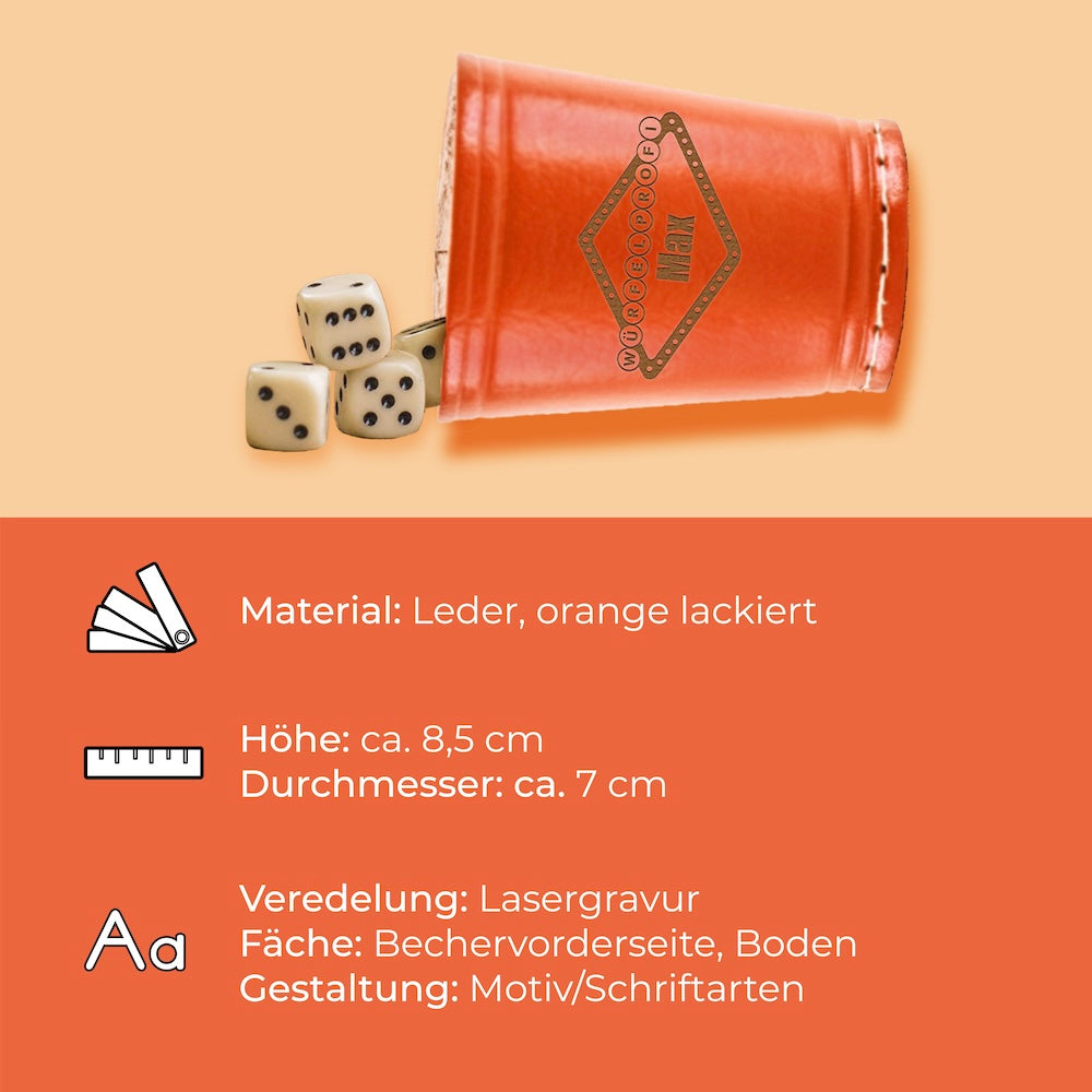 Würfelbecher Orange - Inkl. 5 Würfel | Wunsch-Gravur mit Name & Motiv