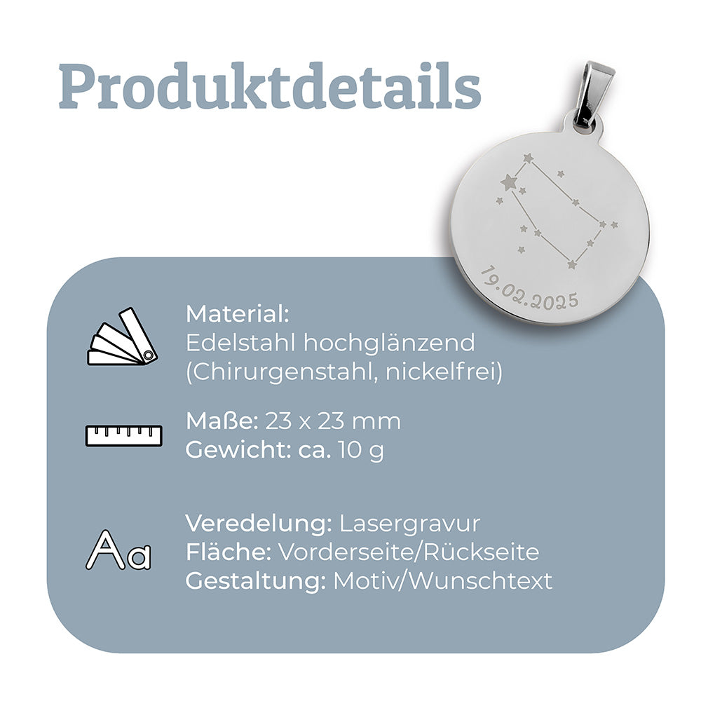 Kettenanhänger mit Sternzeichengravur Grafik mit Infos zum Kettenanhänger