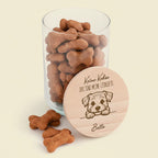 Personalisierbares Vorratsglas für Hundeleckerlis mit Gravur und Holzdeckel