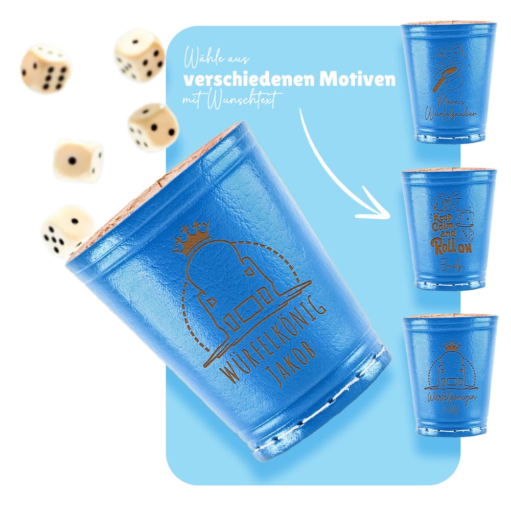 Würfelbecher Hellblau - Inkl. 5 Würfel | Wunsch-Gravur mit Name & Motiv
