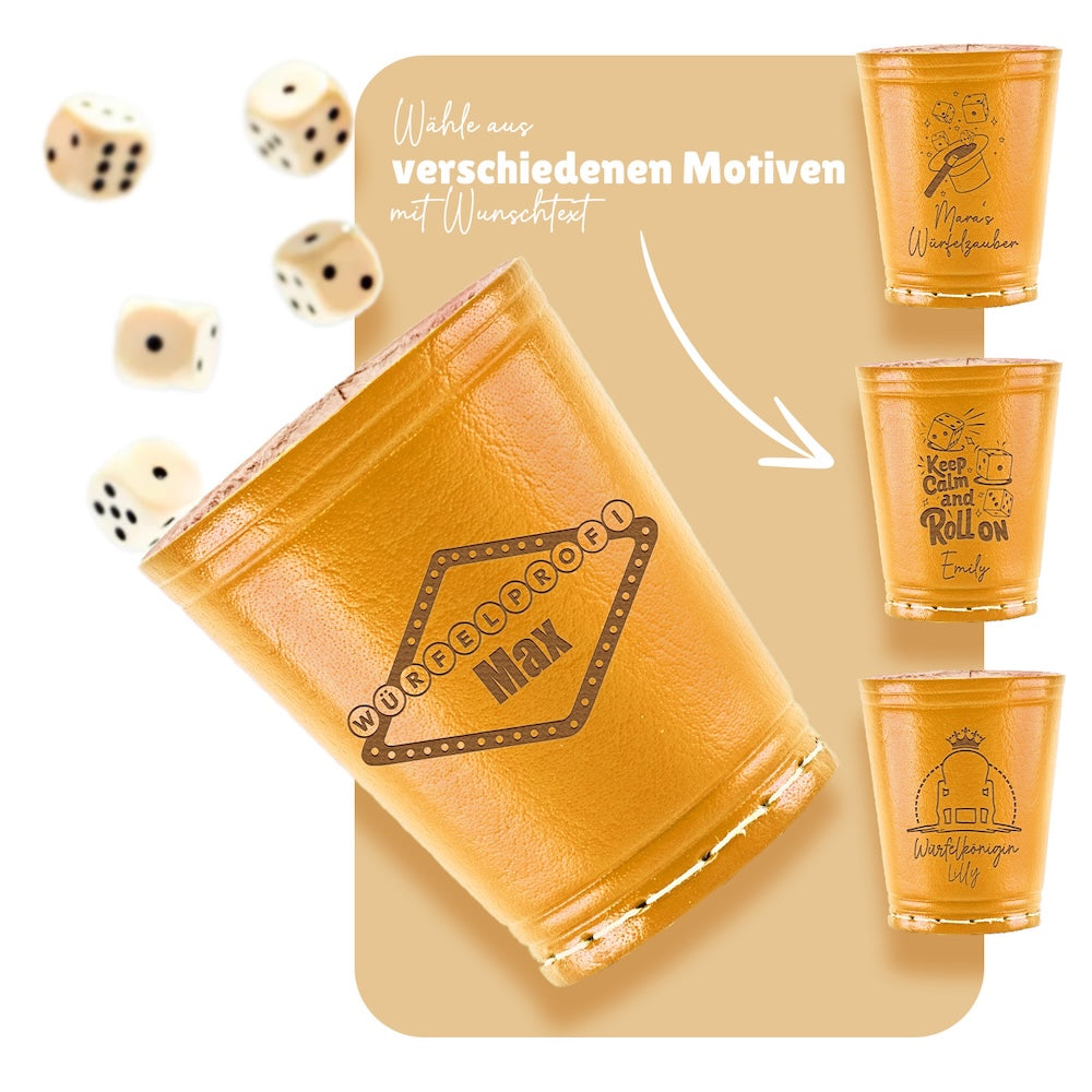 Würfelbecher Kurkuma - Inkl. 5 Würfel | Wunsch-Gravur mit Name & Motiv