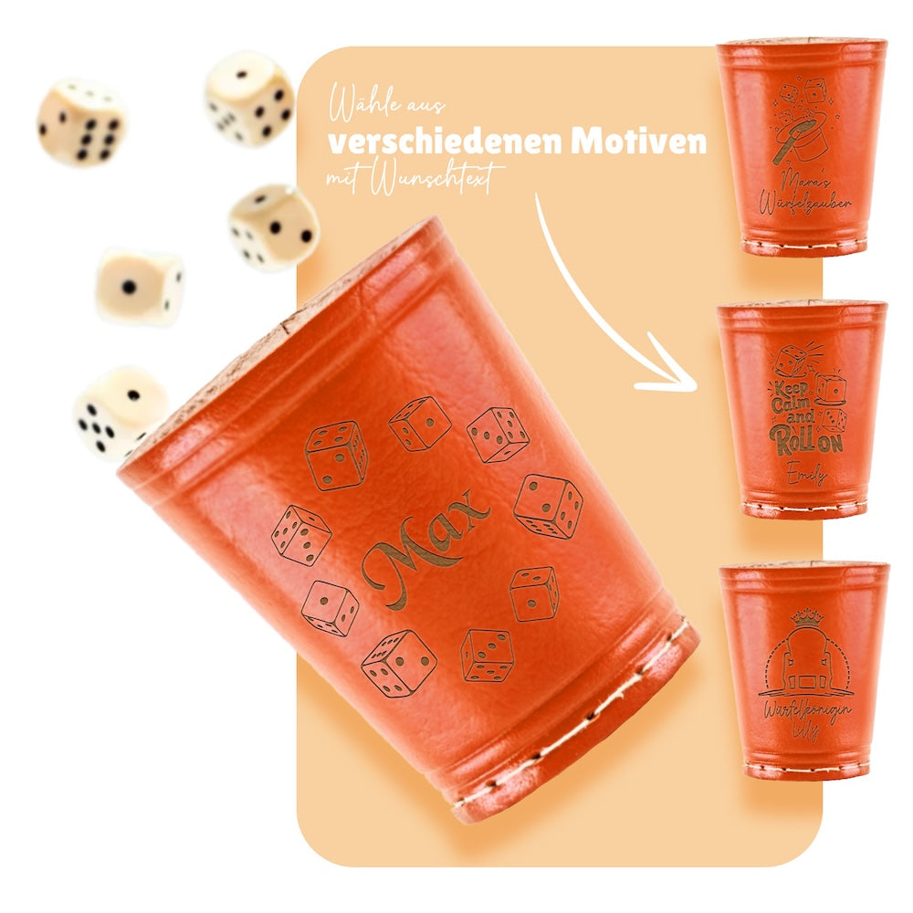 Würfelbecher Orange - Inkl. 5 Würfel | Wunsch-Gravur mit Name & Motiv