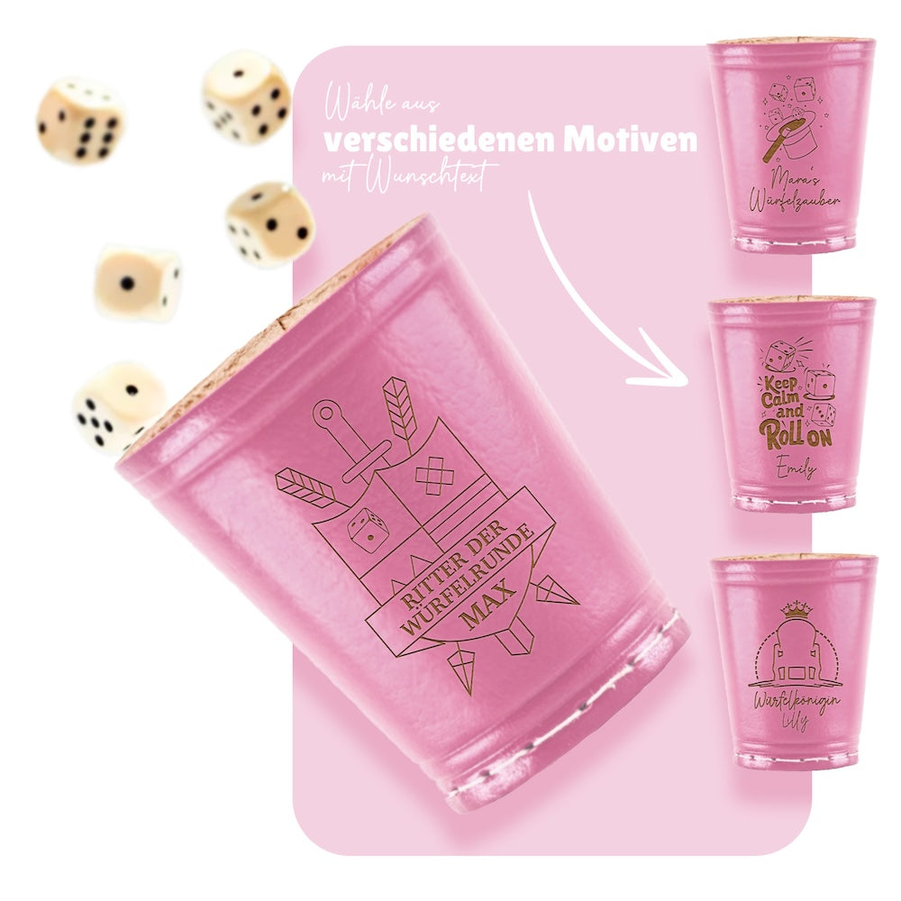 Würfelbecher Pink - Inkl. 5 Würfel | Wunsch-Gravur mit Name & Motiv