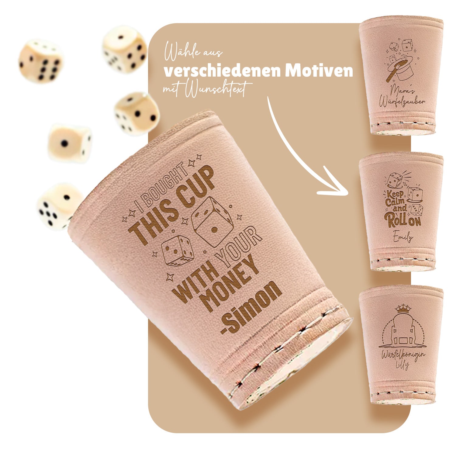 Würfelbecher Standard - Inkl. 5 Würfel | Wunsch-Gravur mit Name & Motiv