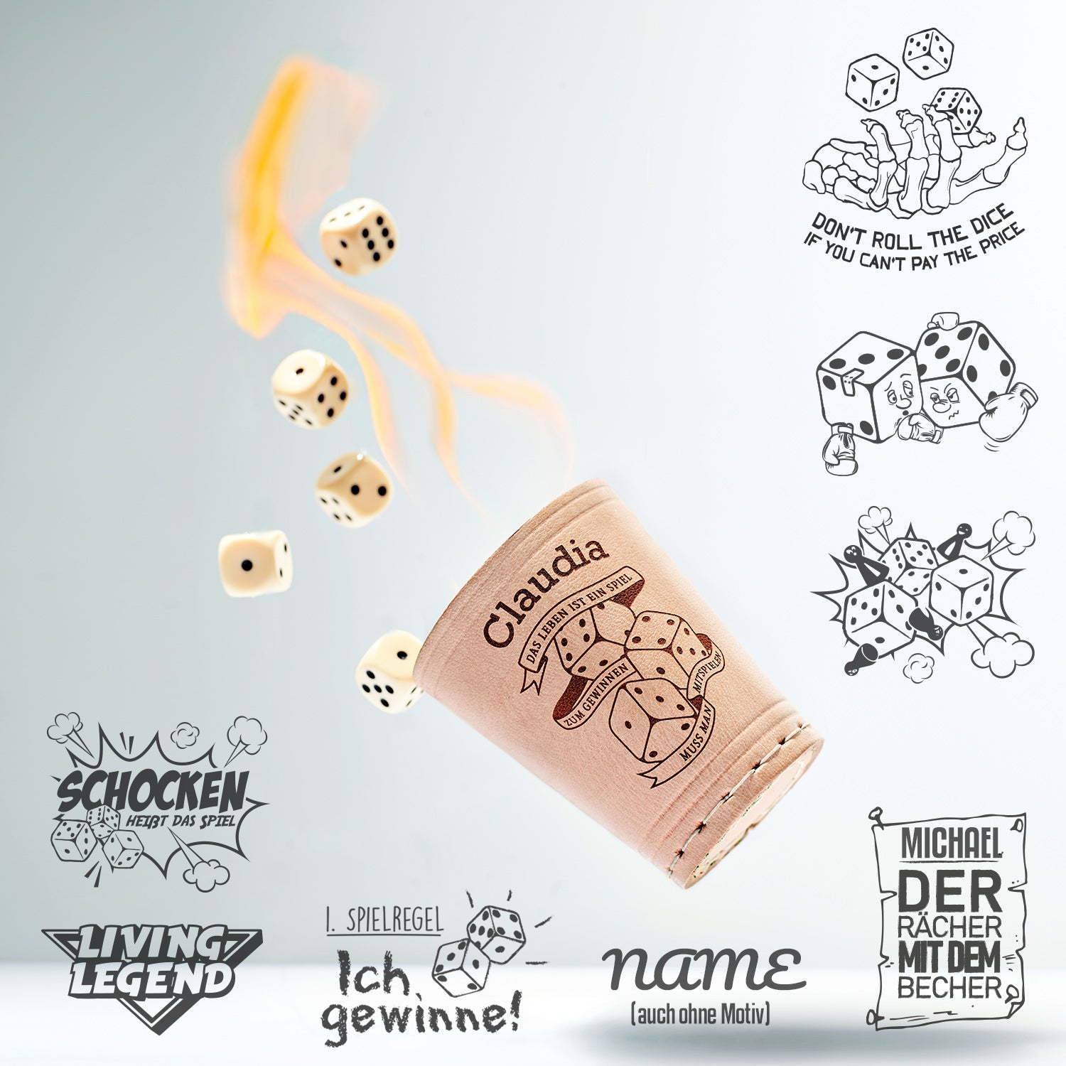 Würfelbecher mit Filz - Inkl. 5 Würfel | Wunsch-Gravur mit Name & Motiv