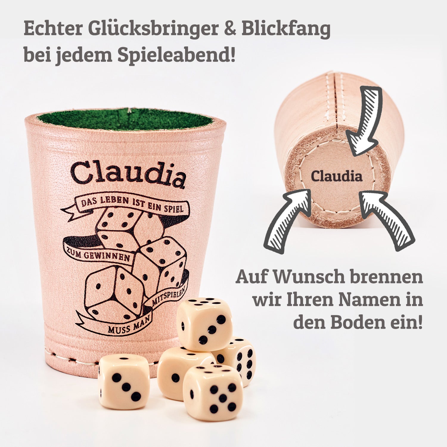 Würfelbecher mit Filz - Inkl. 5 Würfel | Wunsch-Gravur mit Name & Motiv