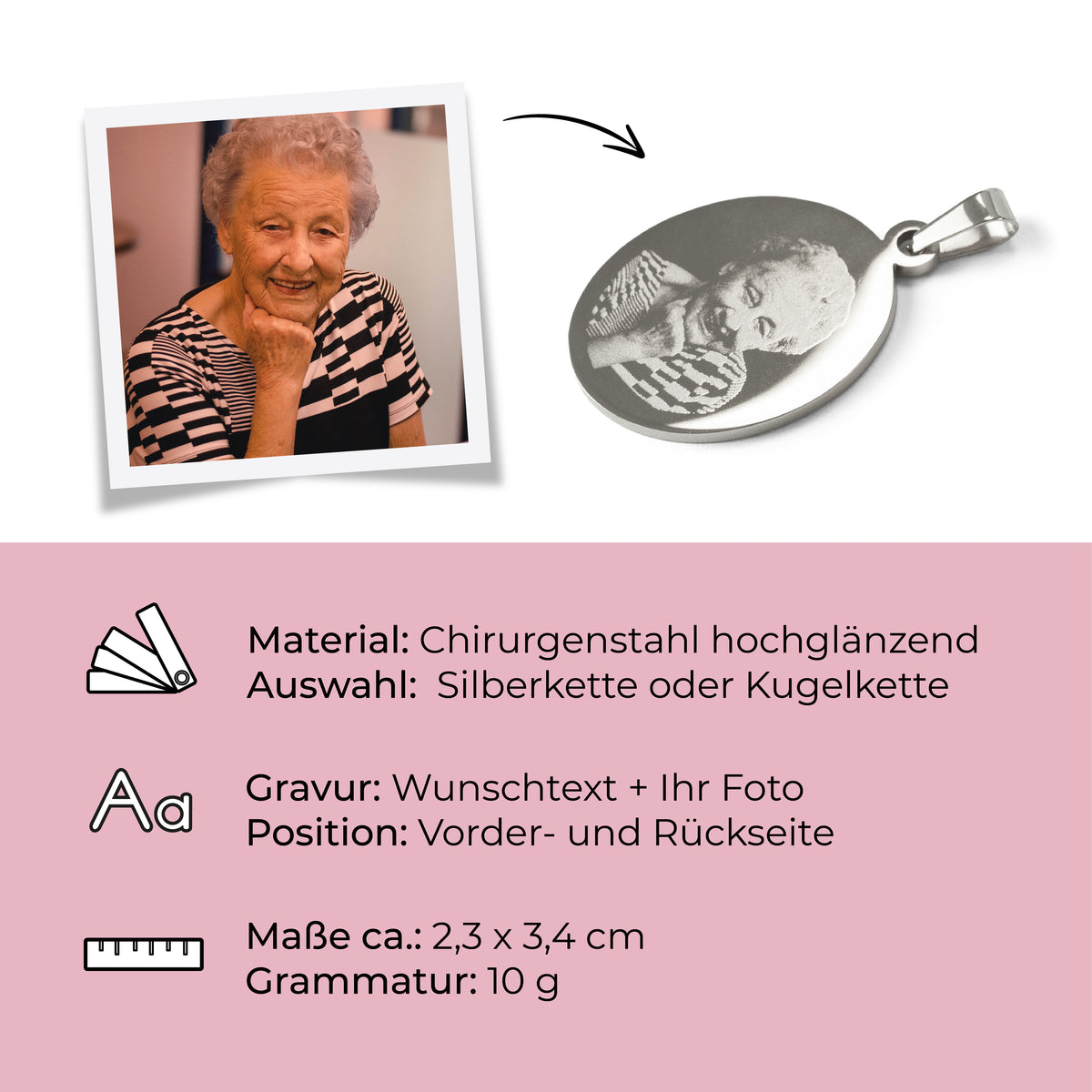Silberner individuell gestalteter Kettenanhänger mit Fotogravur und Details zur Beschaffenheit des ovalen Kettenanhängers