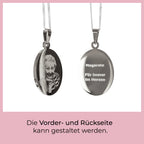 Silberner individueller ovaler Kettenanhänger mit Fotogravur, Vorder- und Rückseitengravur mit Foto und Text