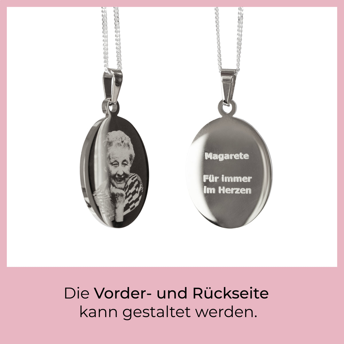 Silberner individueller ovaler Kettenanhänger mit Fotogravur, Vorder- und Rückseitengravur mit Foto und Text