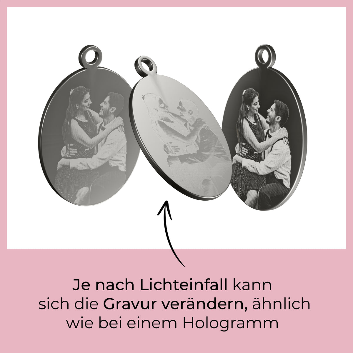 Silberner personalisierbarer Kettenanhänger mit Fotogravur und unterschiedlichem Lichteinfall
