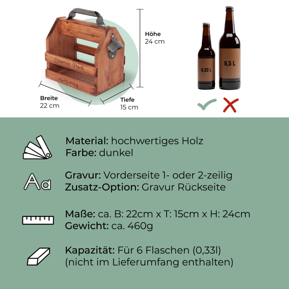 Personalisierter Bierträger mit Wunschgravur | inkl. Flaschenöffner | 6 x 0,33 L