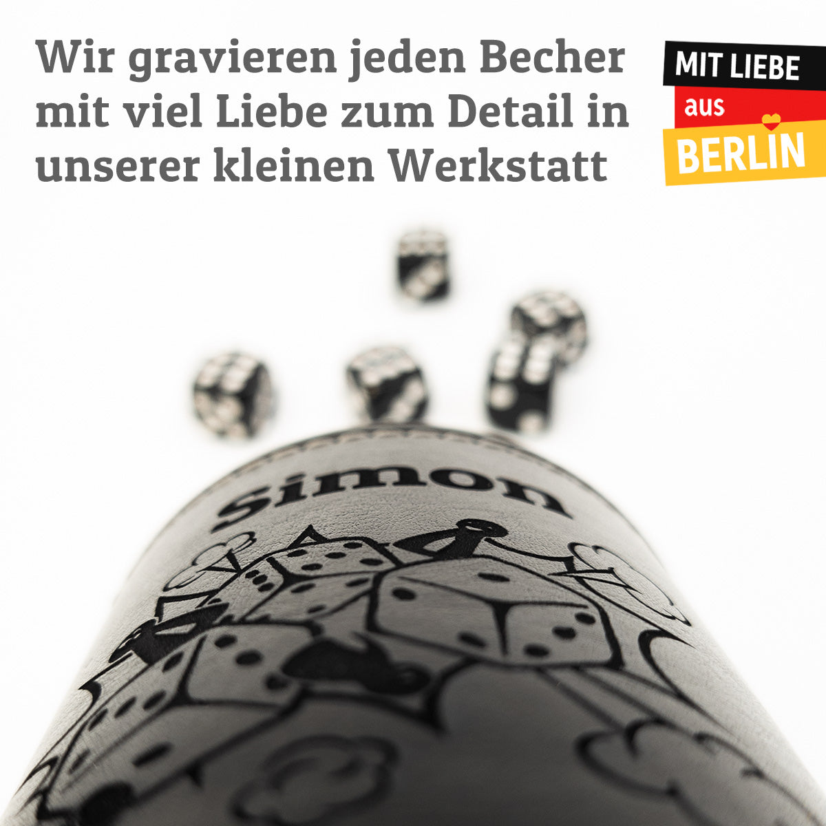 Schwarzer Würfelbecher To Go Set | Personalisiert mit Motiv & Name | Inkl. 5 Würfel