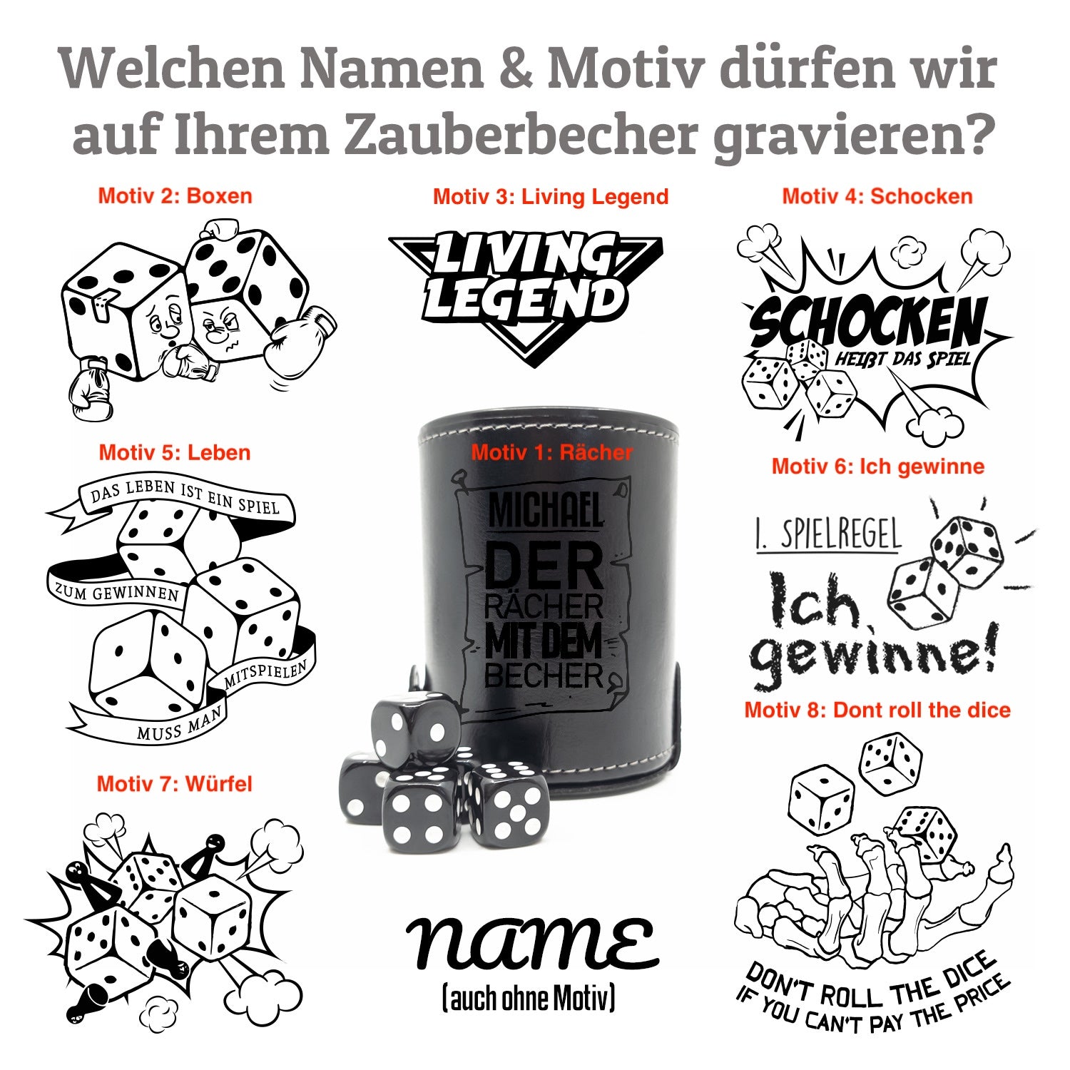 Schwarzer Würfelbecher To Go Set | Personalisiert mit Motiv & Name | Inkl. 5 Würfel