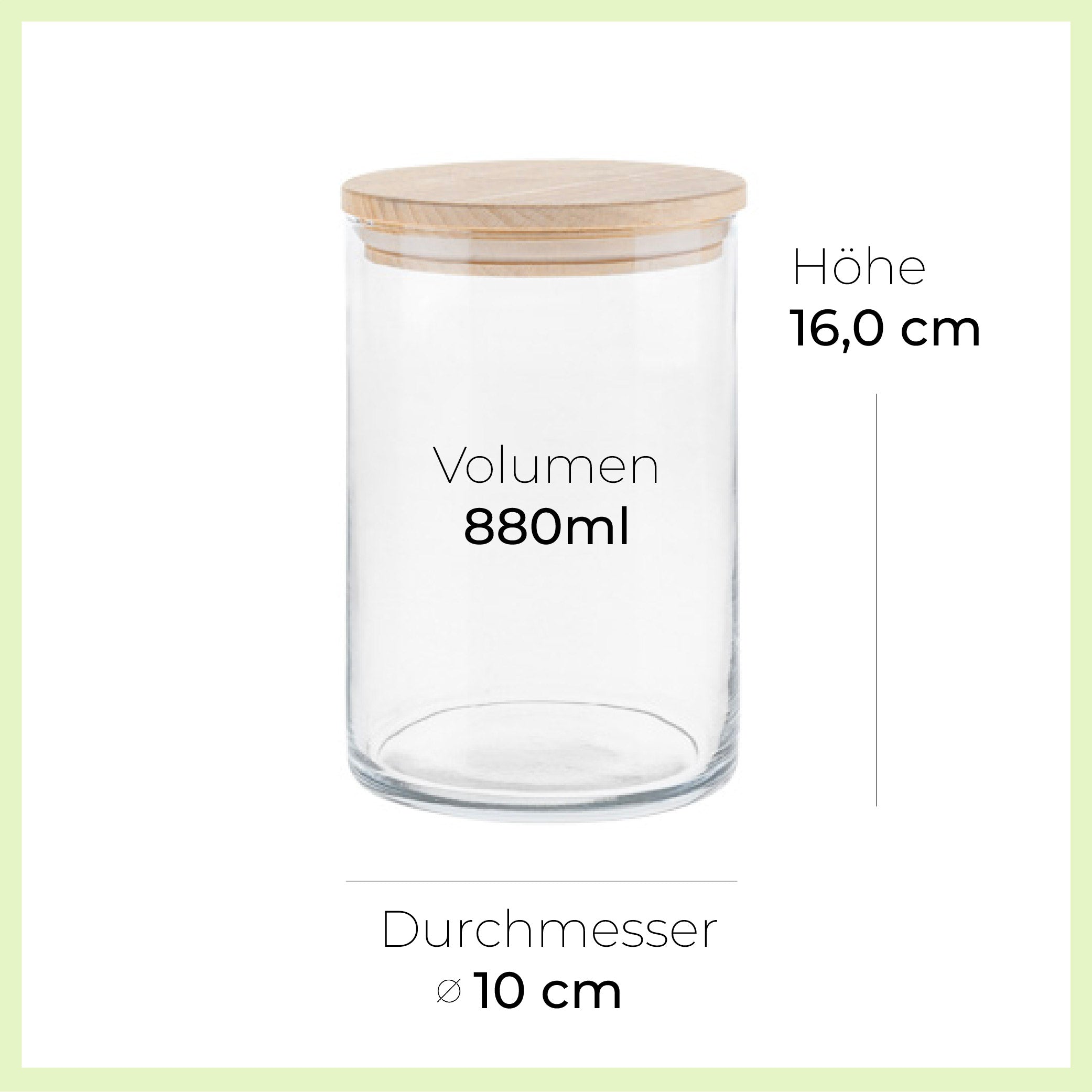 Bild von durchsichtigem Vorratsglas aus Glas mit Holzdeckel, Grafik für die Maße des Vorratsglases