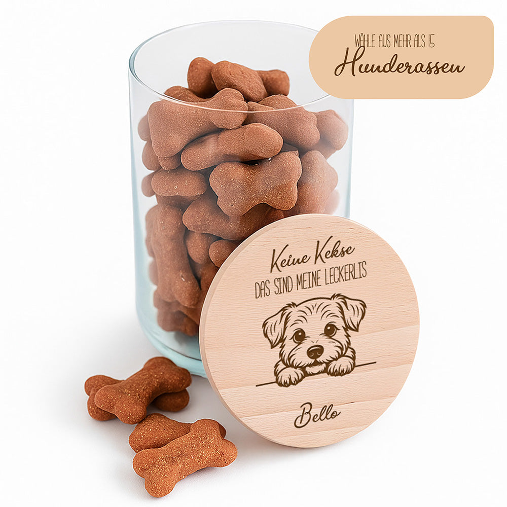 Personalisierbares Vorratsglas für Hundeleckerlis mit Gravur und Holzdeckel
