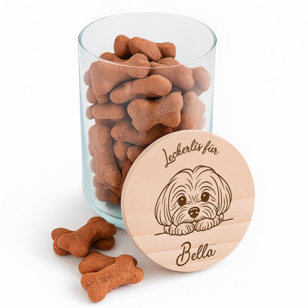 Personalisierbares Vorratsglas für Hundeleckerlis mit Gravur und Holzdeckel