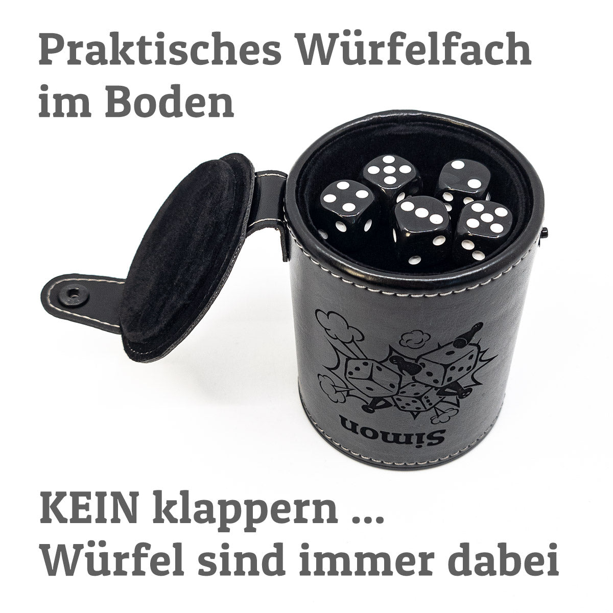 Schwarzer Würfelbecher To Go Set | Personalisiert mit Motiv & Name | Inkl. 5 Würfel